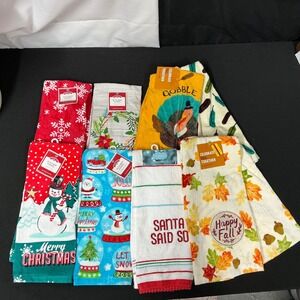 Holiday Kitchen Towels Set Christmas Thanksgiving Fall New Cotton 9 Pieces